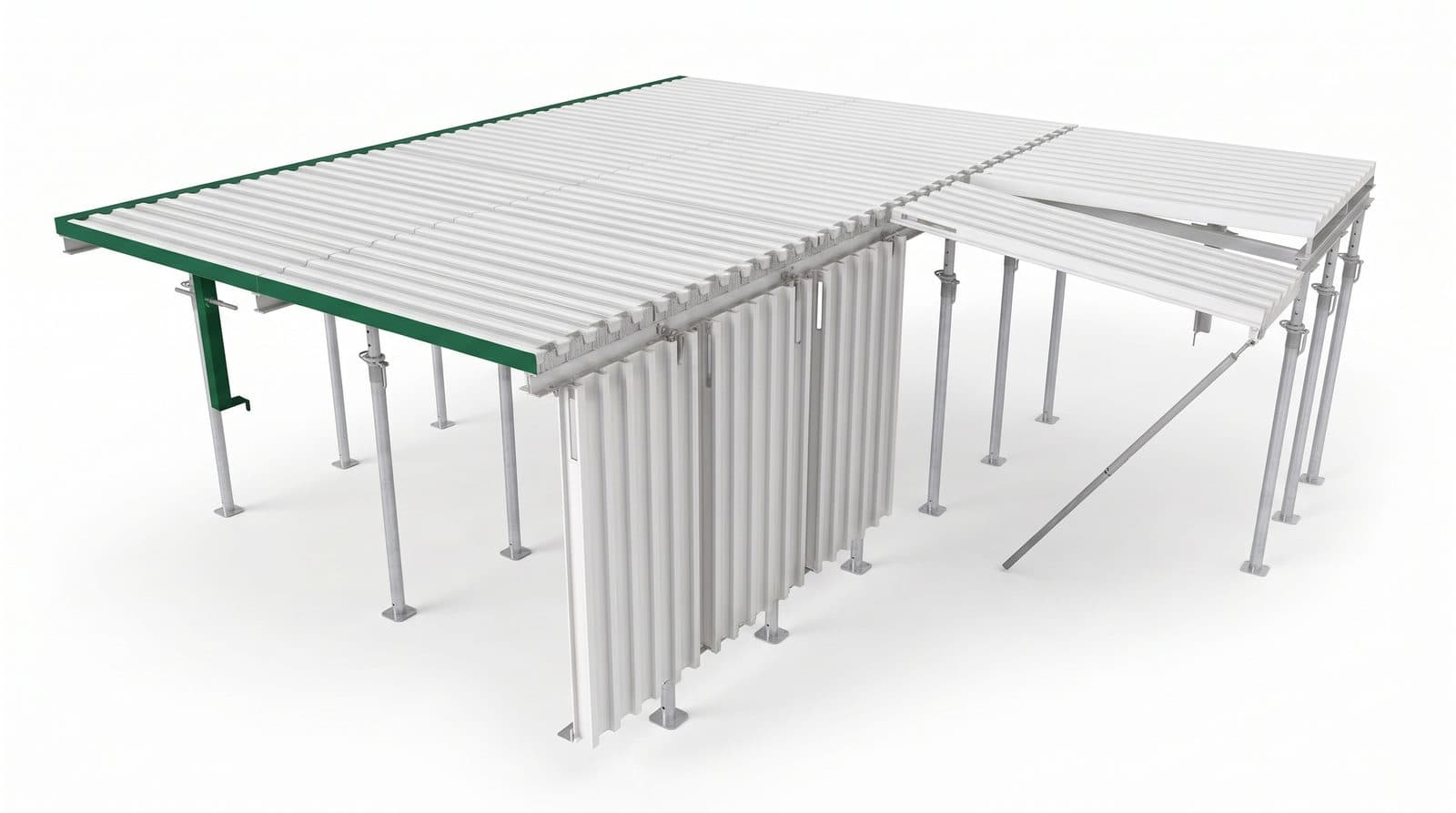 The matrix system shown whole: two bays of deck panels carried on a green primary beam and props