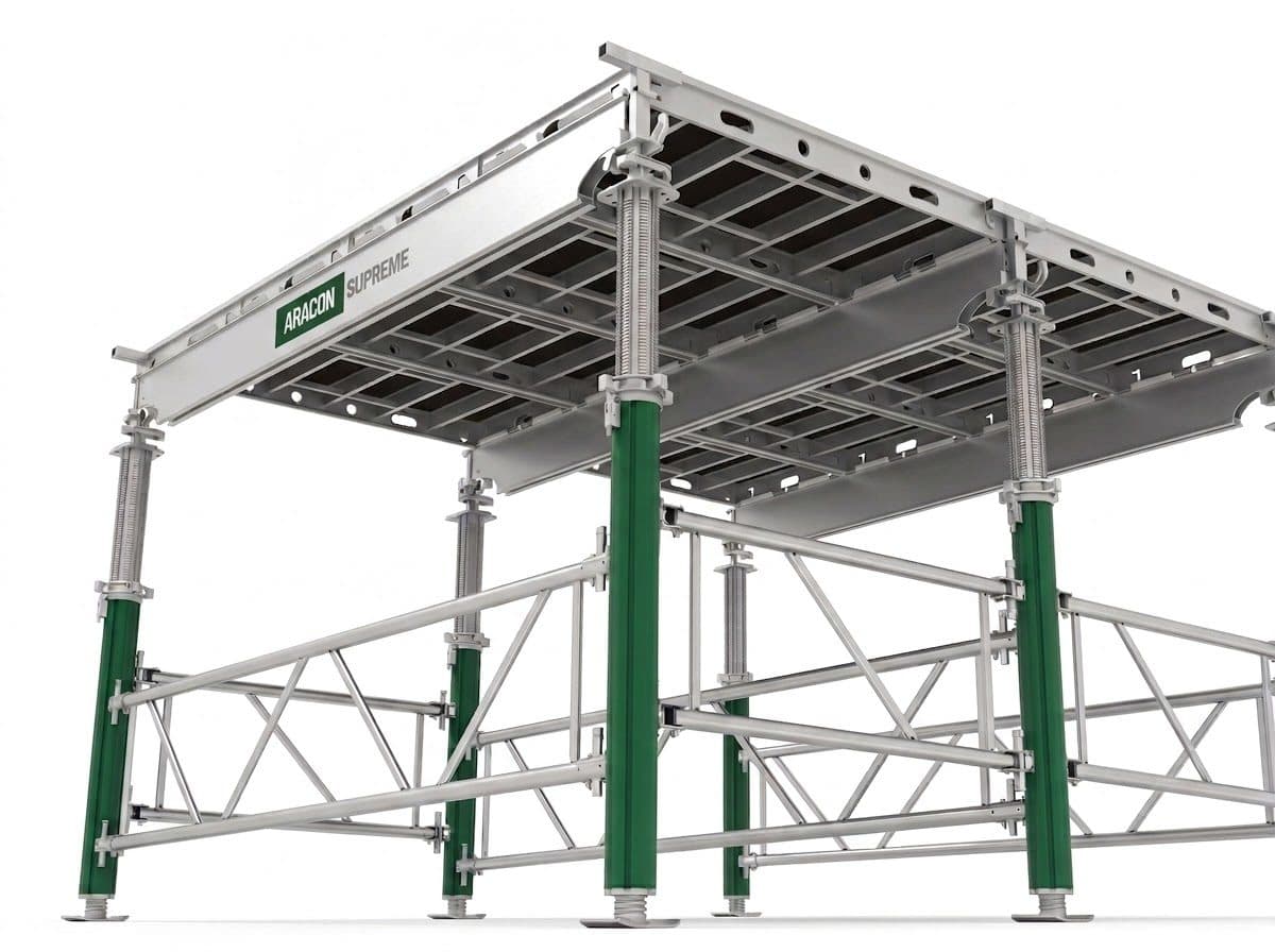 The supreme deck shown whole: interlocking panels on toothed beams carried by green aluminium props