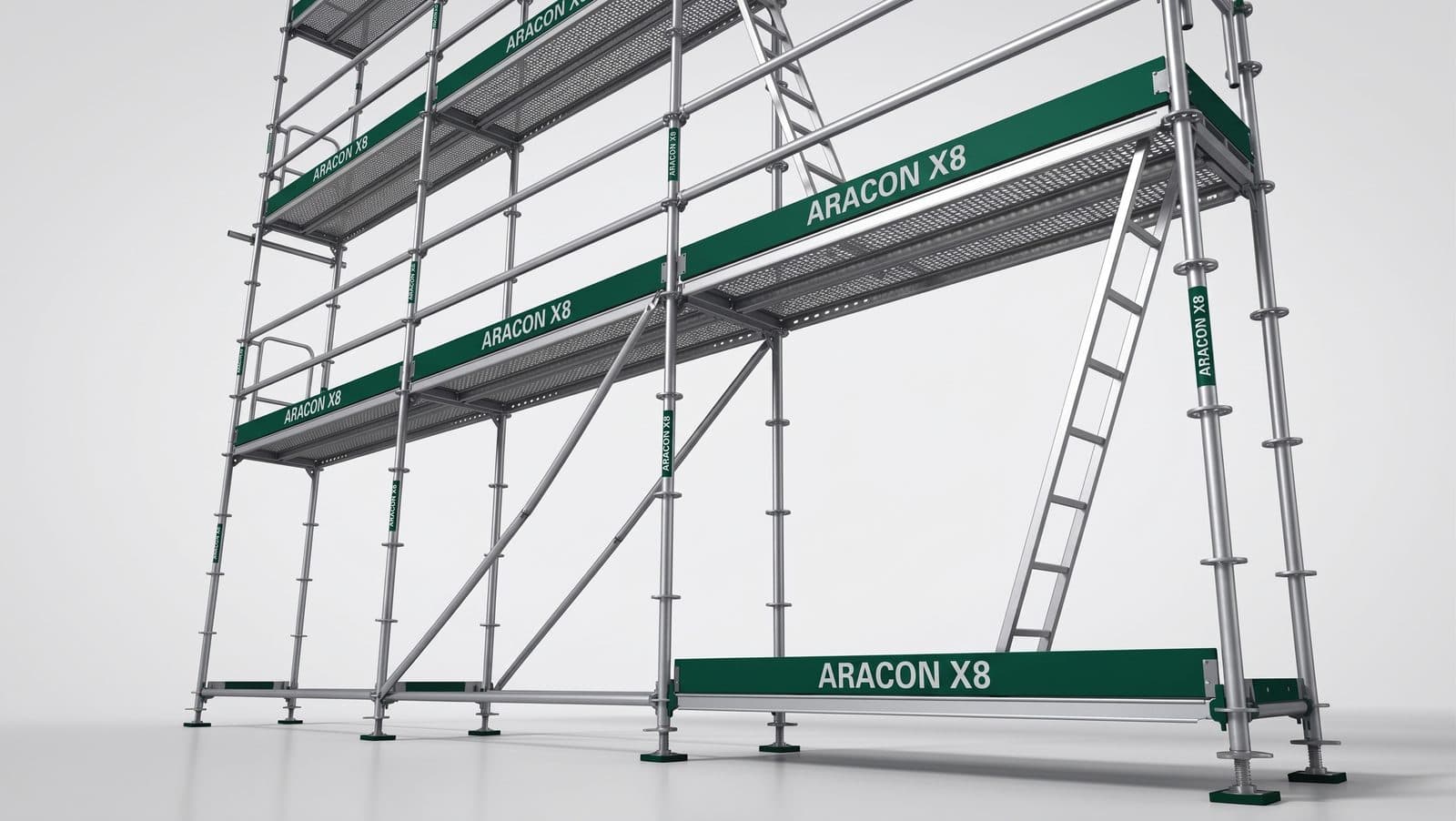 The X8 system shown whole: two lifts of decked bay with a ladder access, ARACON X8 reading along the decks